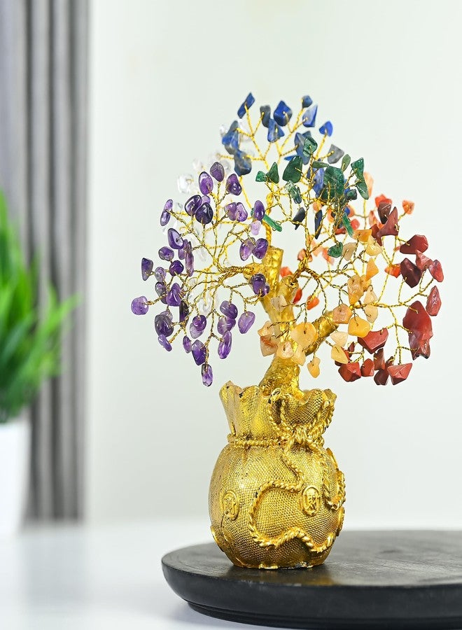 ZAICUS Lucky Feng Shui 7 Chakra Tree with Golden Money Bag Base - Natural Gemstone Decorative Bonsai Tree for Home & Office Décor, Good Luck Diwali Gift, Wealth & Prosperity Showpiece (7 X 3 Inch) - Image 1